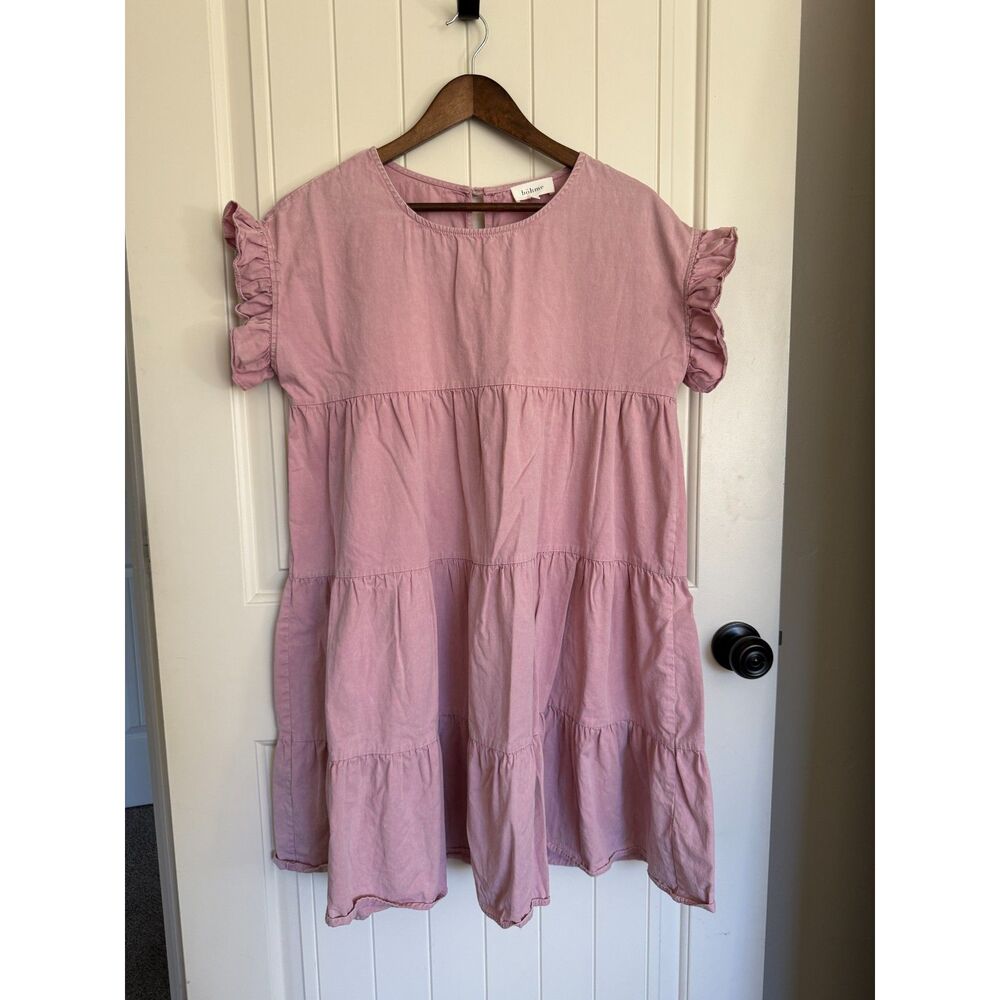 Böhme Women's Tiered Babydoll Mini Dress, Dusty Mauve Pink, Size Medium.